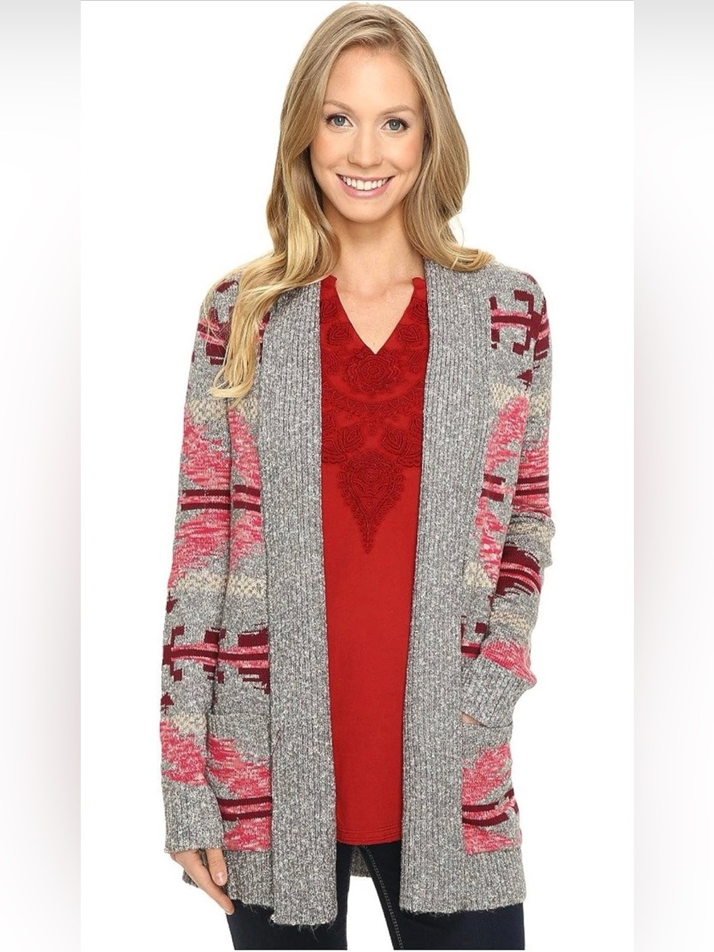 Lucky Brand Gray Pink Aztec Western Print Open Knit Cardigan Sweater size small